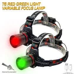 1000LM Zoomable Headlamp Green/Red Hunting HeadLight Outdoor Waterproof Headlight USB Rechargeable Camping Hiking Head Lamp