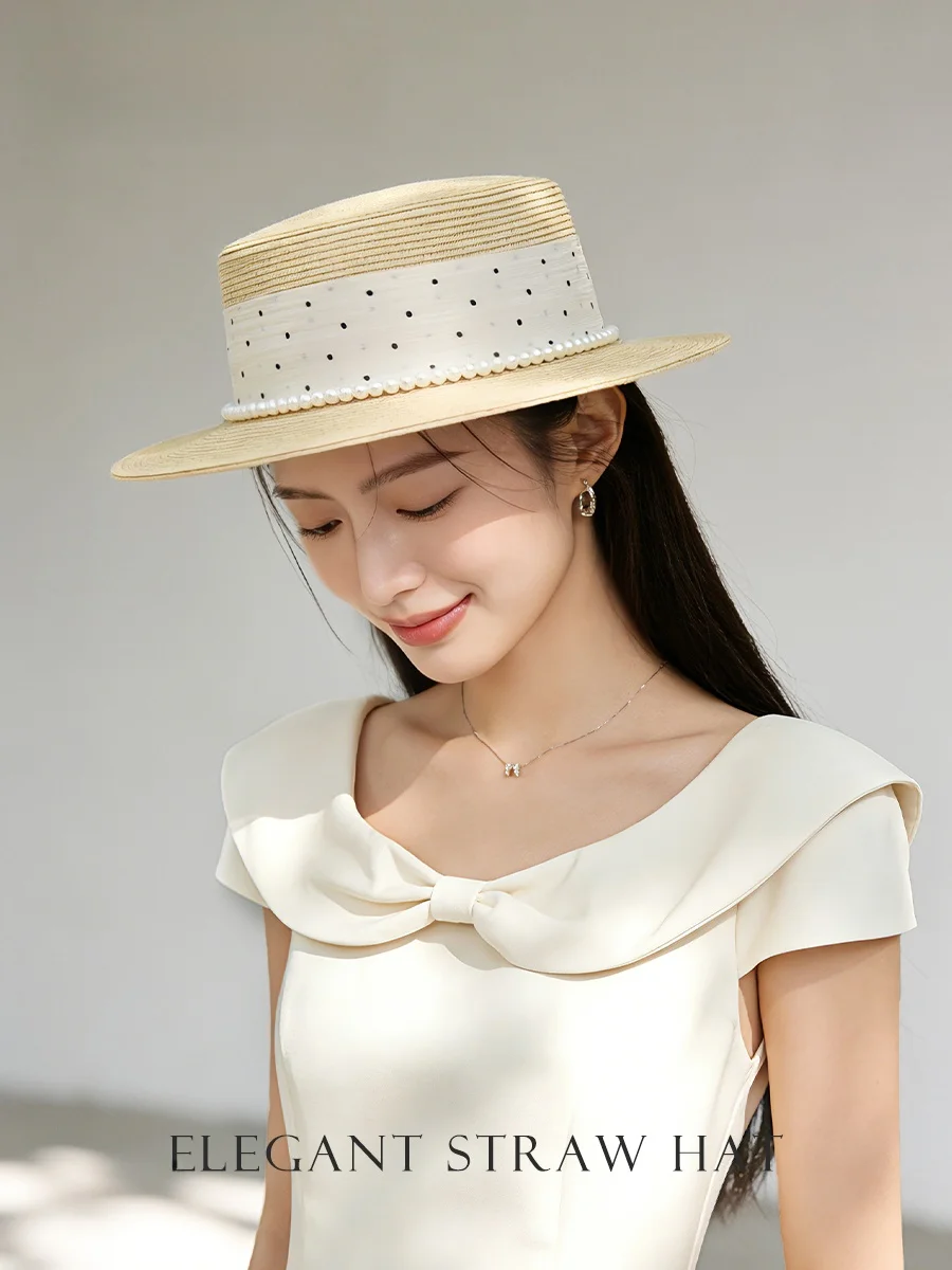 エレガントなつば広麦わら帽子-レディーススタイル-2026年新作-夏-00-ペーパーグラス-水玉模様-パール-多用途-日焼け止め-ギフトハット