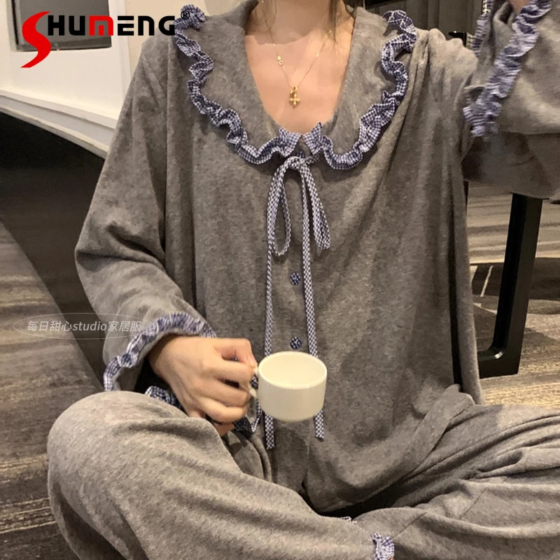

Korean Lace Plaid Thickened Pajamas for Women Autumn Winter Fleece Homewear Set Female Sweet Casual Pure Cotton Loungewear Suit