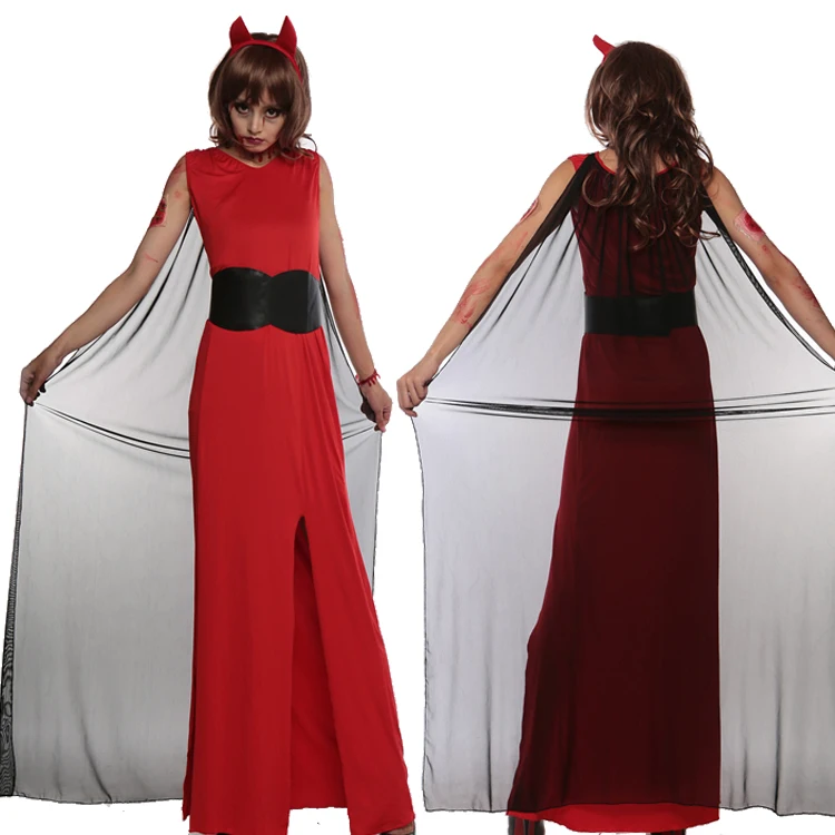 زي أداء المسرح للسيدات، تنورة حمراء ساحرة الشيطان للهالوين، سيدة سحرية طويلة، ملابس أداء السيدات