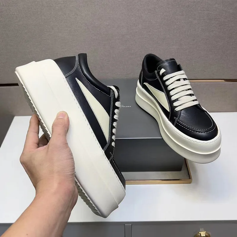 Retro Men Shoe Women Sneaker Black Leather Low Top Casual Shoes Lace Up 6cm Thick Sole Pantshoes Black Cowhide Flat Sneakers