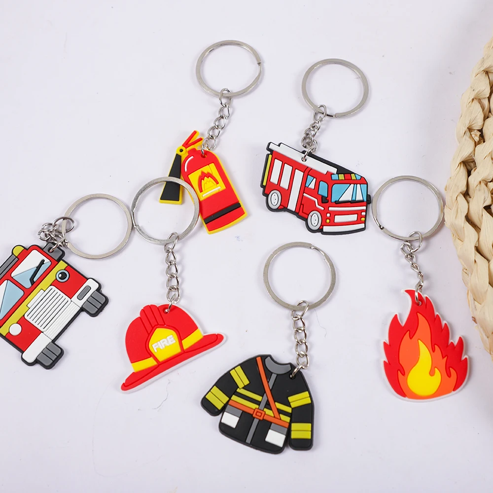 12Pcs Cartoon Firefighter Theme Party Gift Fire Truck PVC Keychains Toy for Kids Birthday Party Favors Pinata Fillers Goodie Bag