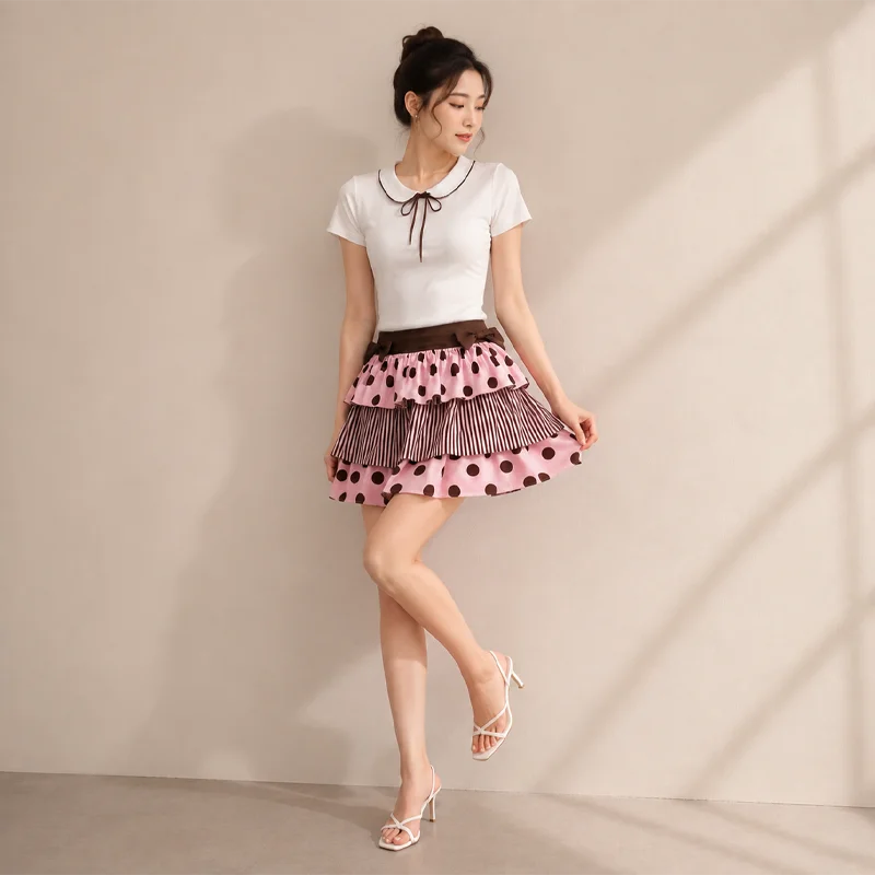 Women's Mini Skirt Polka Dot Striped Tiered Ruffle Bow Waist A Line Cute Y2K High Waist Summer Casual Short Skirt