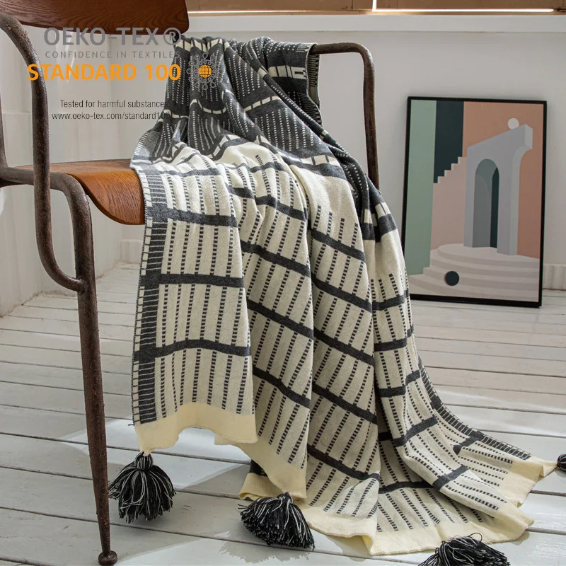 

Nordic Ins New Geometric Stripe Knitted Blanket Tassel Casual Sofa Cover Homestay Decoration Home Nap Blanket Gift