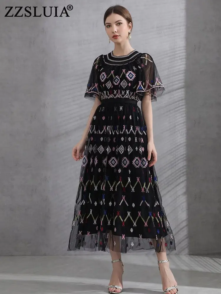 

ZZSLUIA Vintage Dresses For Women Heavy Embroidery Patchwork Designer Slim Long Dress Fashion Short Sleeve Elegant Dresses Cloth