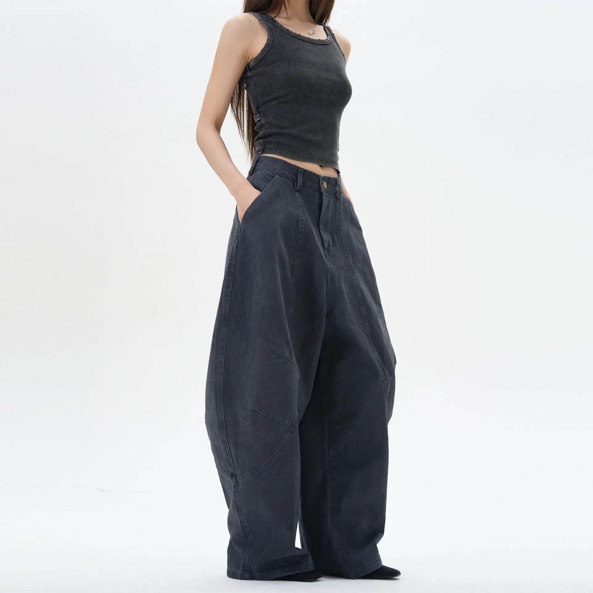 Solid Color Curved Wide Leg Pants Spring Retro Baggy Sweatpants Casual Street Cool Boy Bottom Male High Waist Trousers