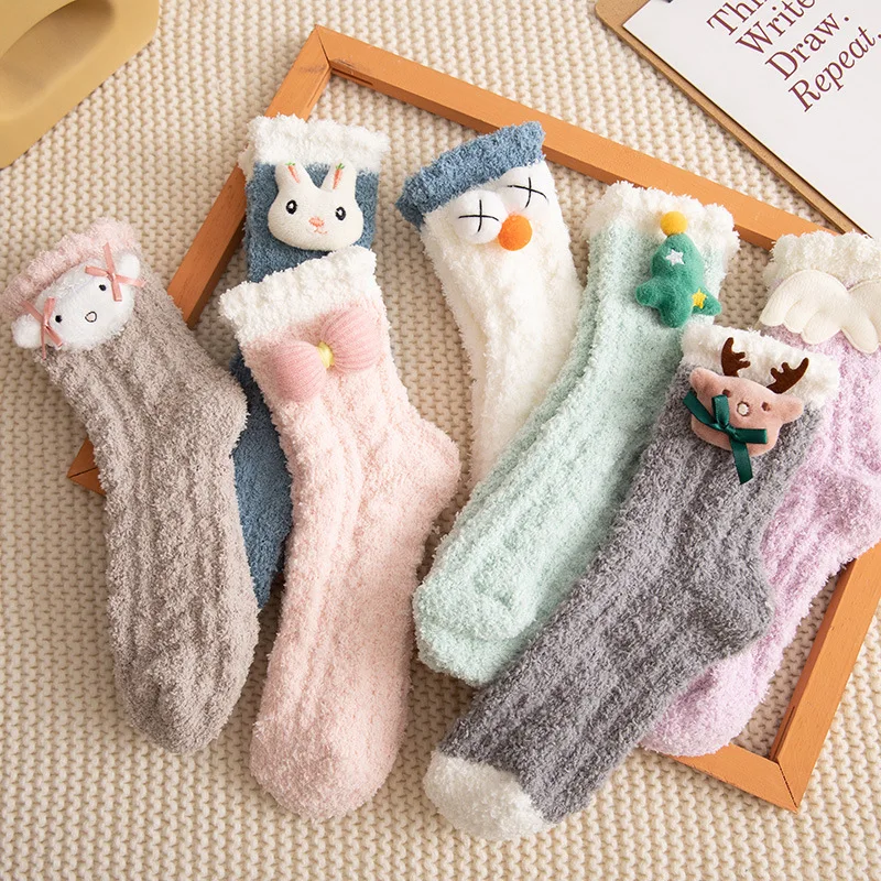 

4 pairs thick and warm coral fleece mid tube socks cartoon three-dimensional dolls cute sleeping socks soft home floor socks