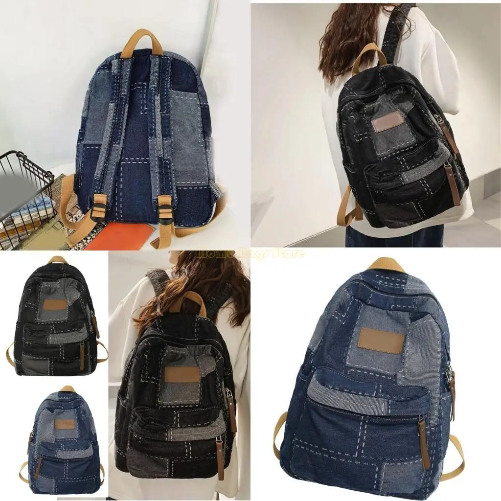 X90D Backpack Student Backpack Backpack Estética Rucksack capacidade Casual Macks Denims Patched Backpack