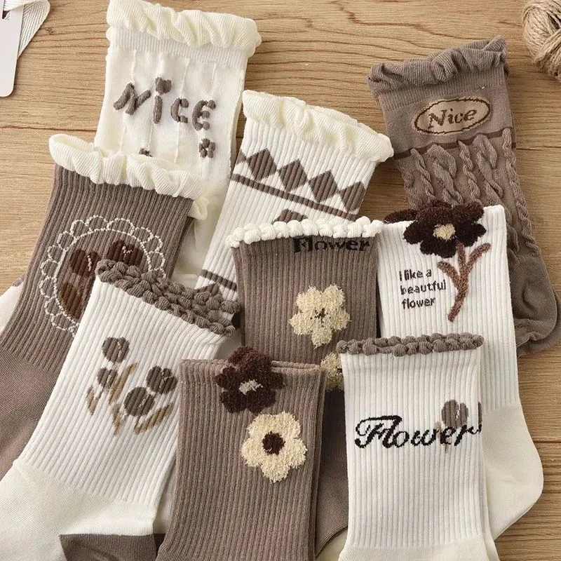 Korean Women's Mid Tube Socks Autumn and Winter Plush Lace Socks Ins Trendy Versatile Forest Coffee Colored Socks