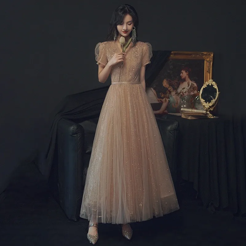 

Champagne Evening Dress 2025 New Lace Embroidered Sequins Bubble Sleeve Bow Princess Fluffy Formal Women Elegant Party Dresses