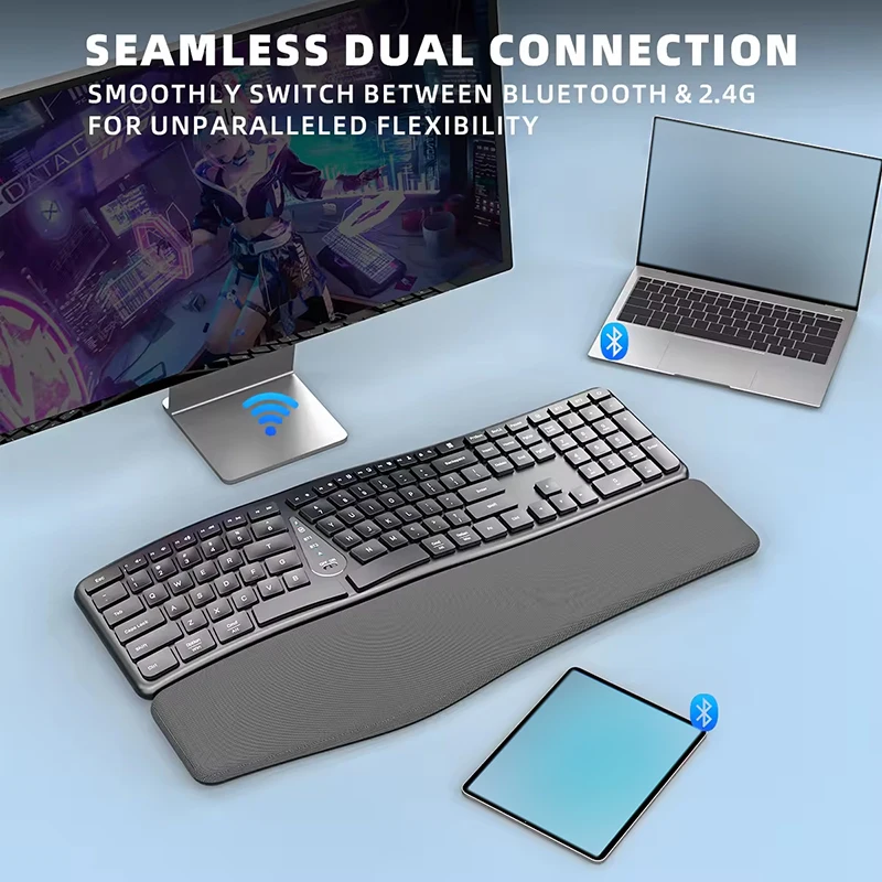 Imagem -01 - Teclado Ergonômico Dividido sem Fio Teclado Ergo Multidispositivo Usb 2.4g com Pulso Acolchoado e Descanso para as Mãos Recarregável Preto teclado ergonomico dividido sem fio teclado ergo multidispositivo usb 24g com pulso acolchoado e descanso para as maos recarregavel preto 01