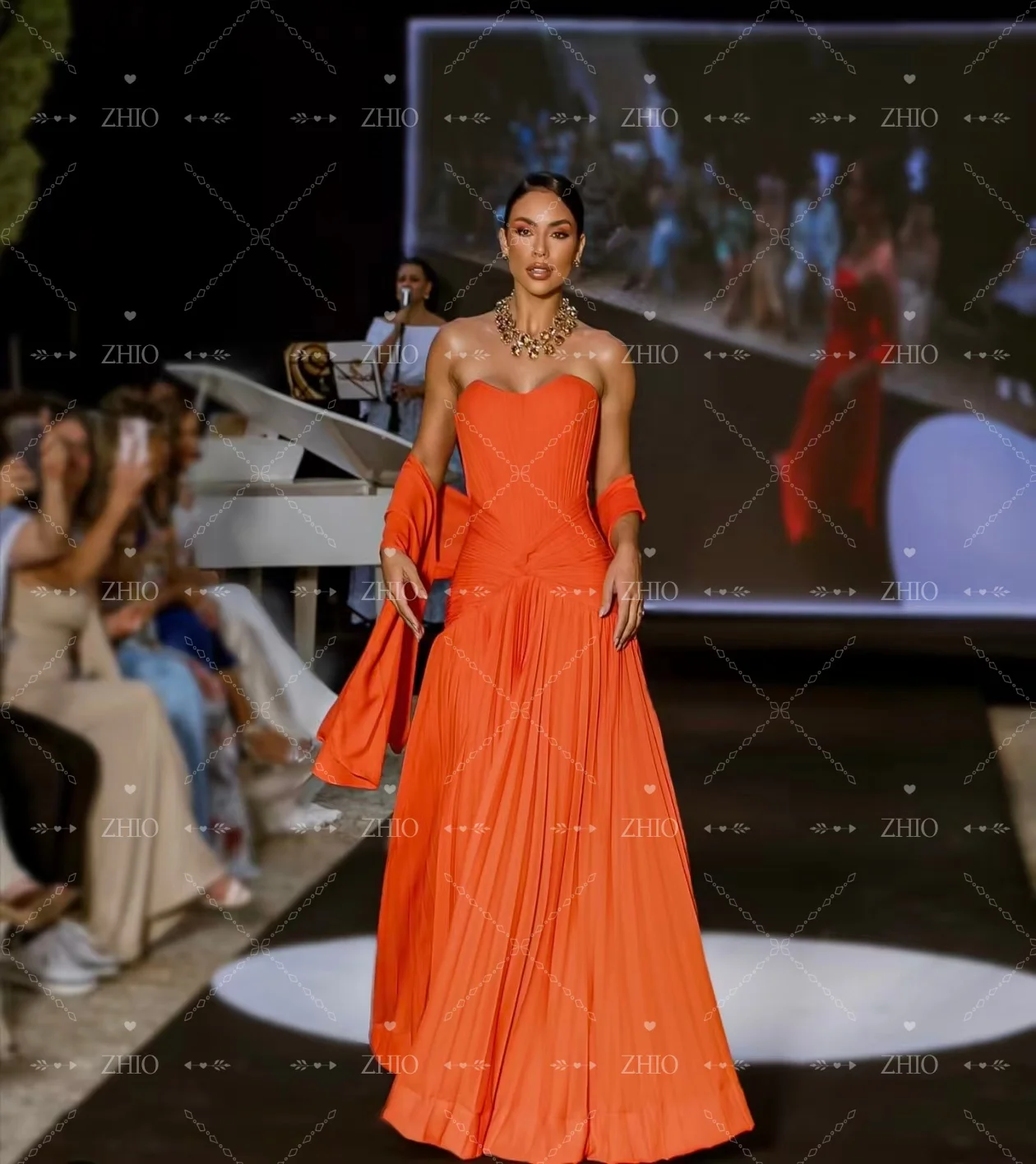 ZHIO élégant robe de soirée Orange sans bretelles plissé écharpe longueur de plancher robes de soirée de mariage robe de bal personnalisé فساتmavera