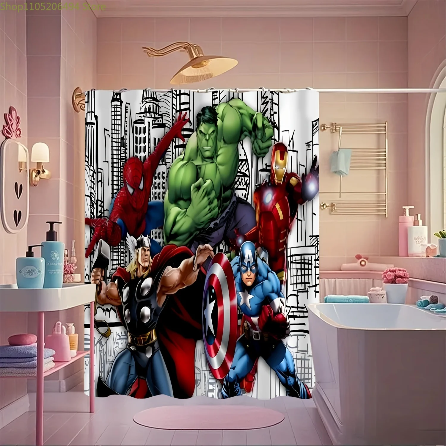 

A Marvel Superhero Shower Curtain with Hooks - Vibrant Polyester Design Suitable for Year-Round Bathroom Decor, Machine Washab