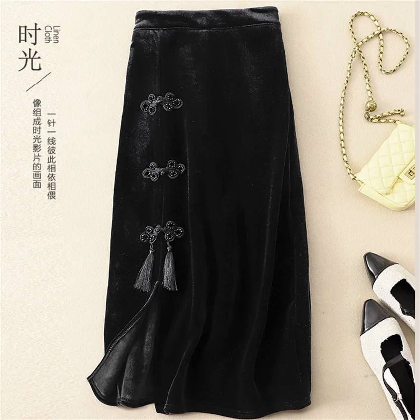

Gowyimmes New Big Size Vintage Fashion Women Midi-Long Gold Velvet Skirt Slim Lady Black Tassel Skirts Split Bottomings PD1855