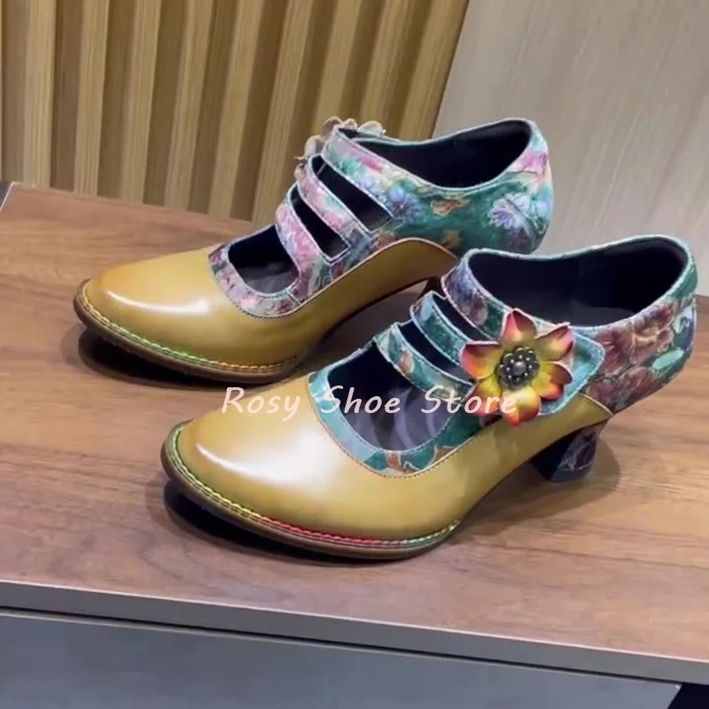 

Beige Leather Splicing Hand Drawn Flowers Theme Party Pumps Three Dimensional Cut Flower Buckle Wine Glass Heel Single Shoes