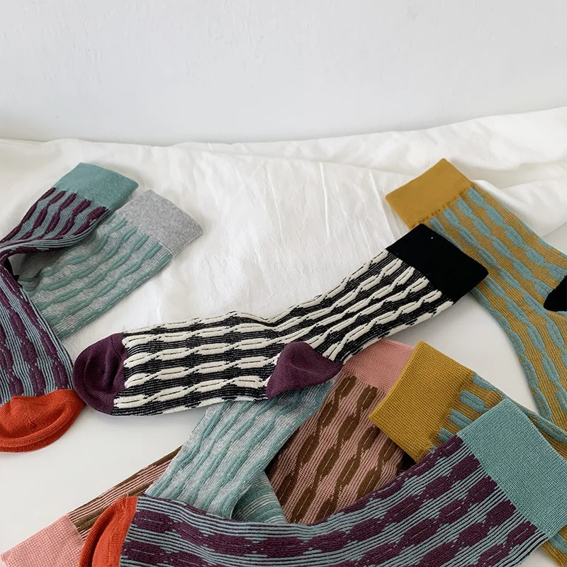 

5 Pairs Autumn Niche Colored Striped Double-layer Socks with Overlapping Cuffs Contrasting Candy Colored Long Tube Pile Socks
