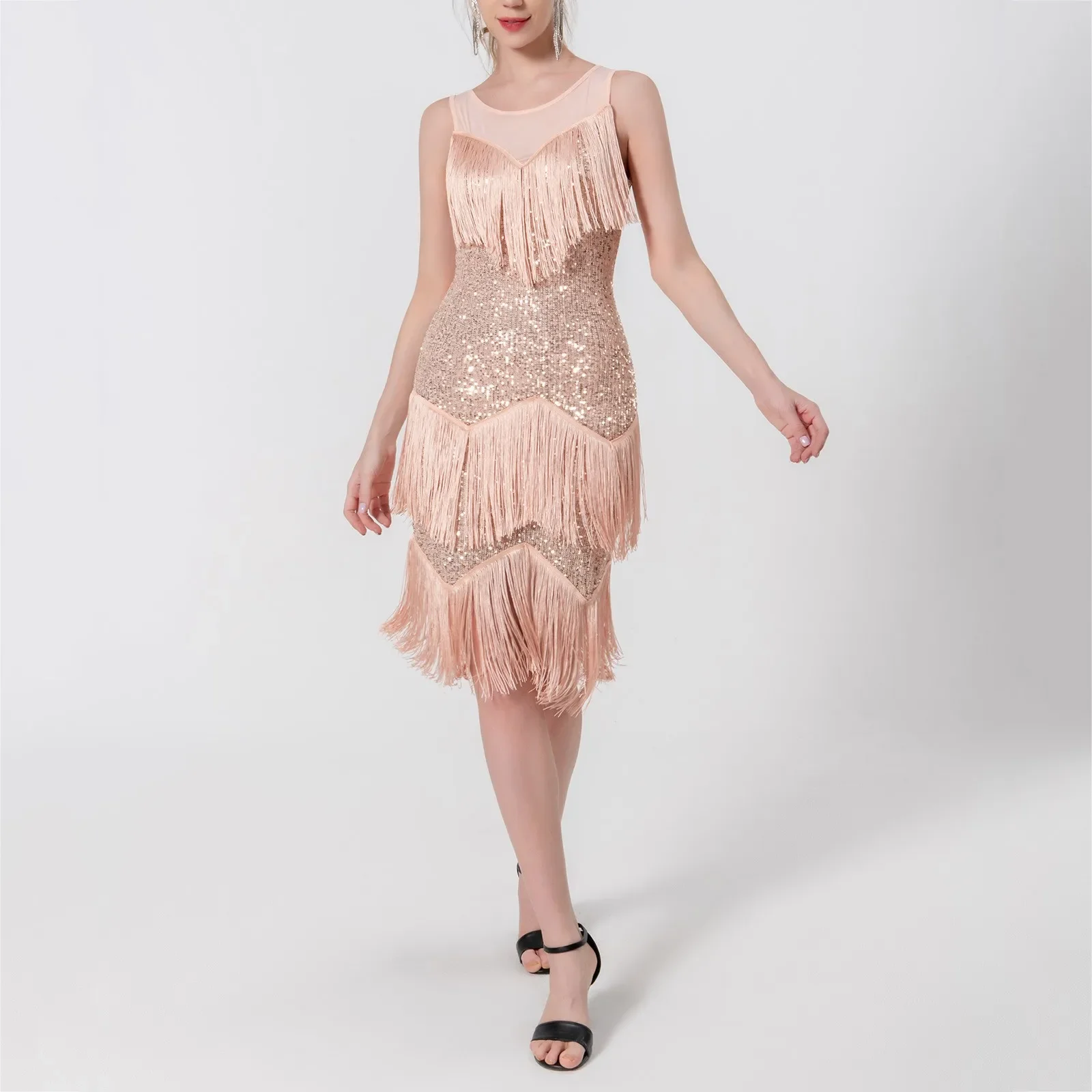 Sequins Fringe Dress For Women Sexy Latin Dance Dress 1920s Gatsby Cocktail Salsa Tango Cha Cha Rumba Stage Performance Costume