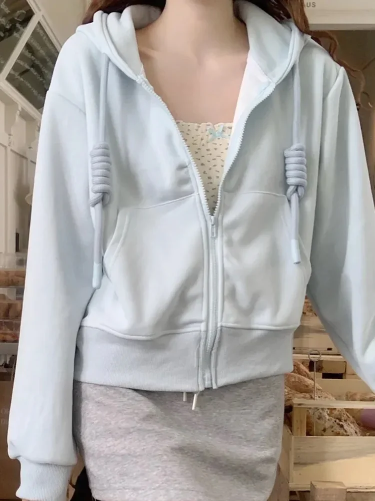 甘いプレッピースタイルブルーパーカー女性カジュアルかわいい長袖ショートスウェットシャツヴィンテージポケットレースアップ韓国アウタートップス新しい