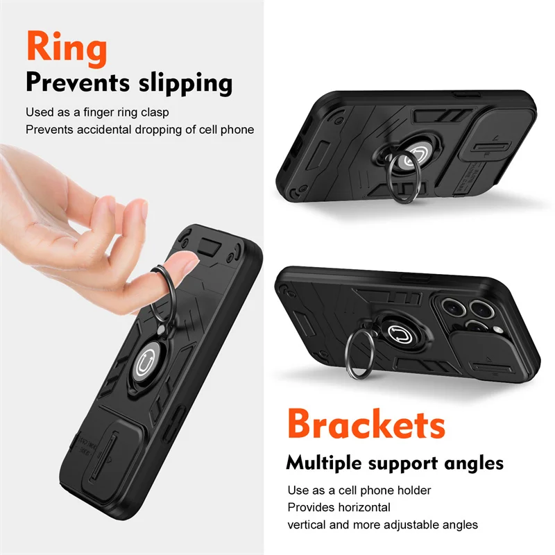 Luxury Sliding Window Ring Holder Phone Case For iPhone 15 14 13 12 Pro Max In Car Wireless Charging Shockproof Back Cover