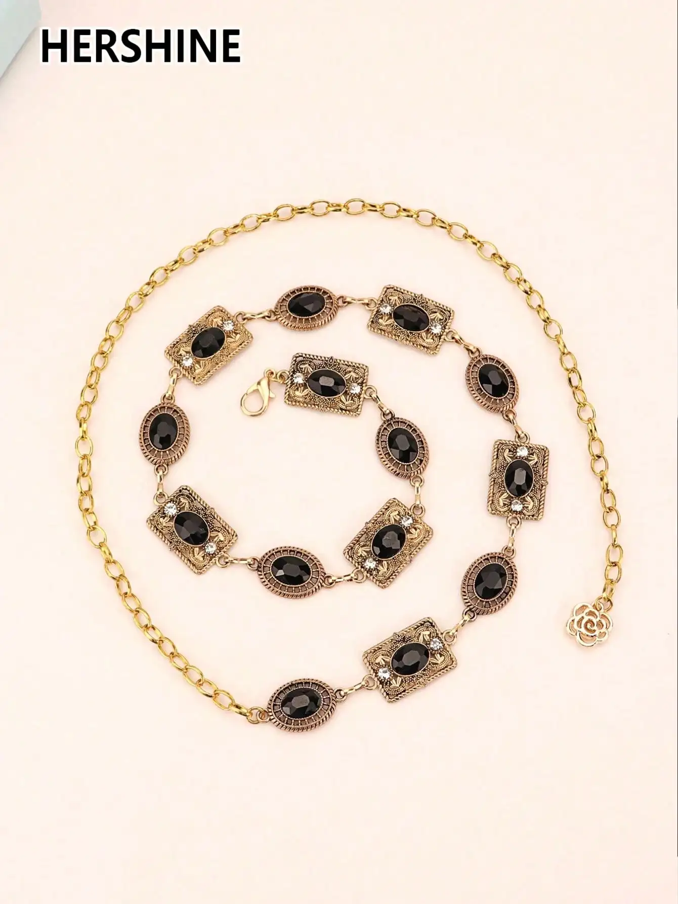 HERSHINE Damski modny łańcuszek na talię z ażurowym wzorem i czarnymi cyrkoniami, akcesoria do sukienek w stylu boho retro na Boże Narodzenie