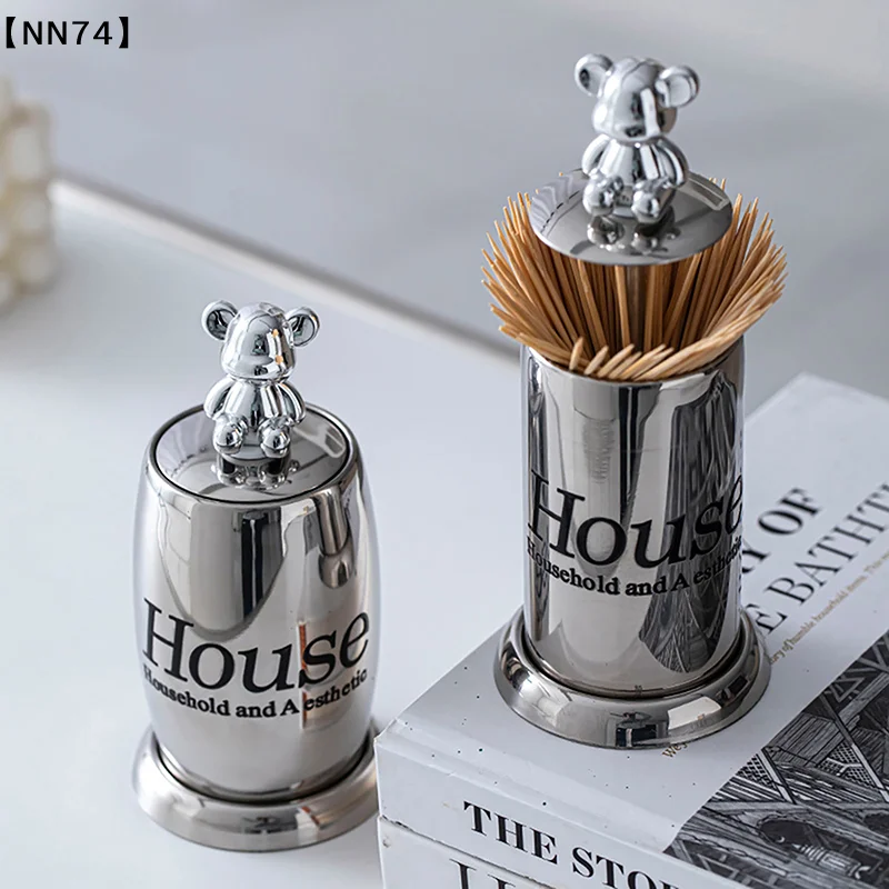 Cute Bear Toothpick Holder Cotton Swab Rod Storage Box Cosmetics Jewelry Bathroom Makeup Container Lipstick Organizer Box[J]【W4】