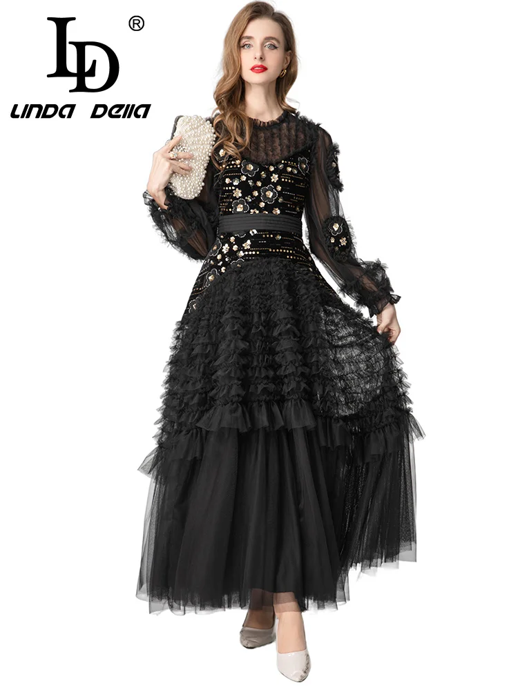 فستان LD LINDA DELL شبكي مزين بالترتر لحفلات العشاء ورقبة دائرية وأكمام طويلة ومطرز بحافة مكشكشة فستان نسائي عصري