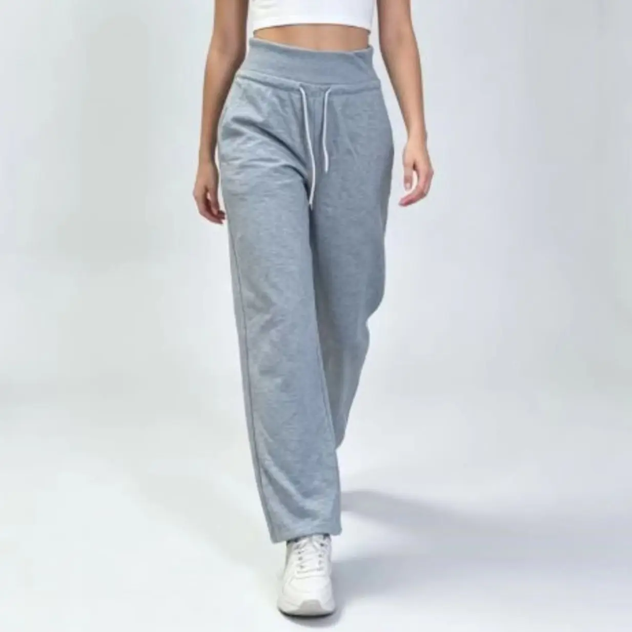 Damen-Sweatpants mit hoher Taille, weitem Bein und Kordelzug, in Grau meliert, weiche Stretch-Cargohose mit Taschen, Lounge-Hose – Detail 3
