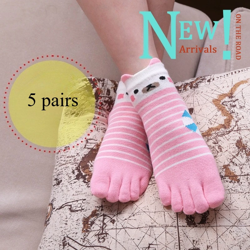 5 Pairs Five-finger Women's Socks Three-dimensional Cute Cotton Socks Jacquard Low Tube Sub-toe Cute Cartoon Five-finger Socks
