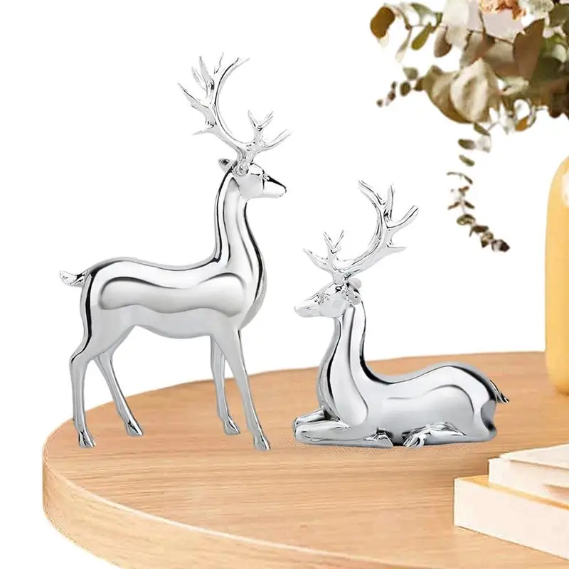 

2PCS Silver color Deer Christmas Decor Reindeer Statue Resin Sculpture Handicraft Piece Home Decor Table Decorations for Display