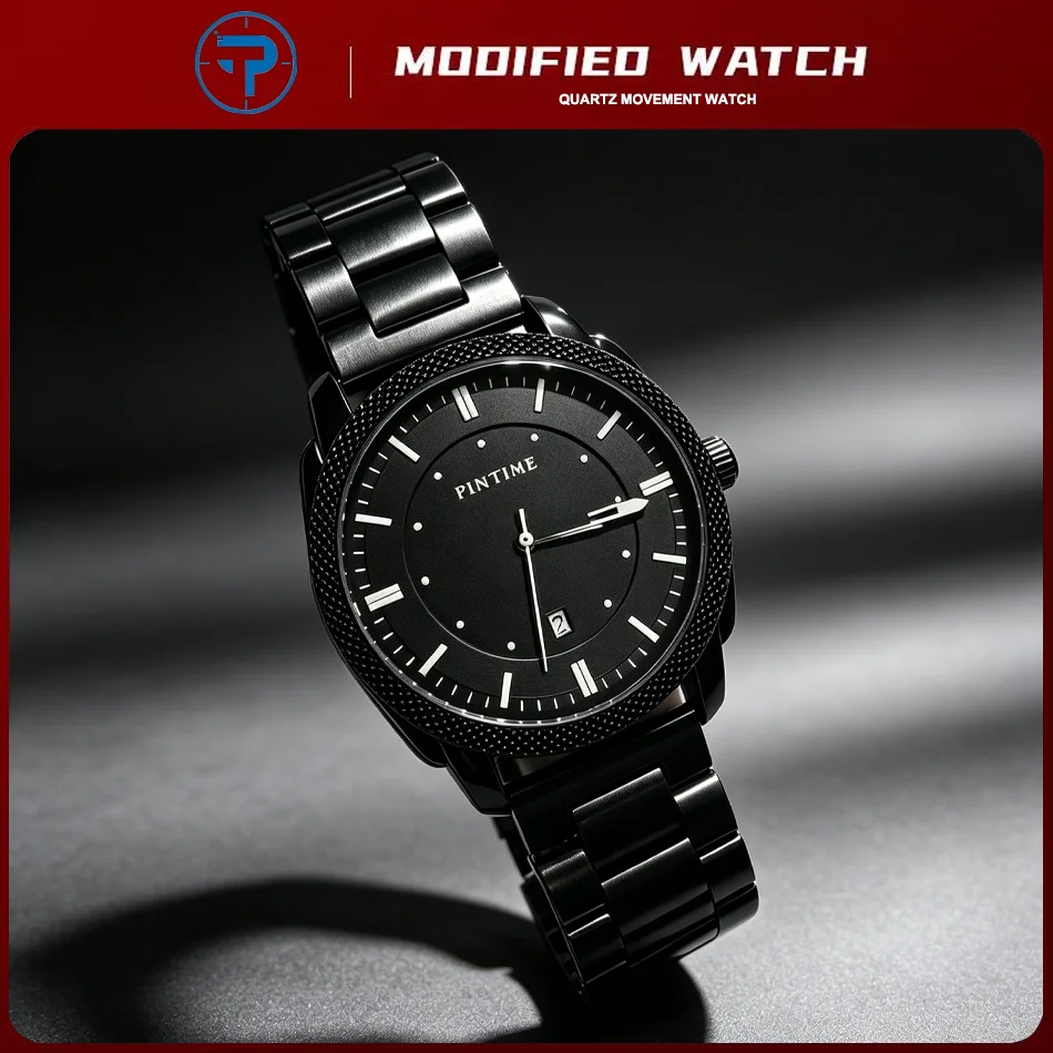 Classic Mens Wrist Watch PINTIME, Silver Metal Bracelet, Black Dial with Date Window, Business Dress Quartz Watch for Daily Wear