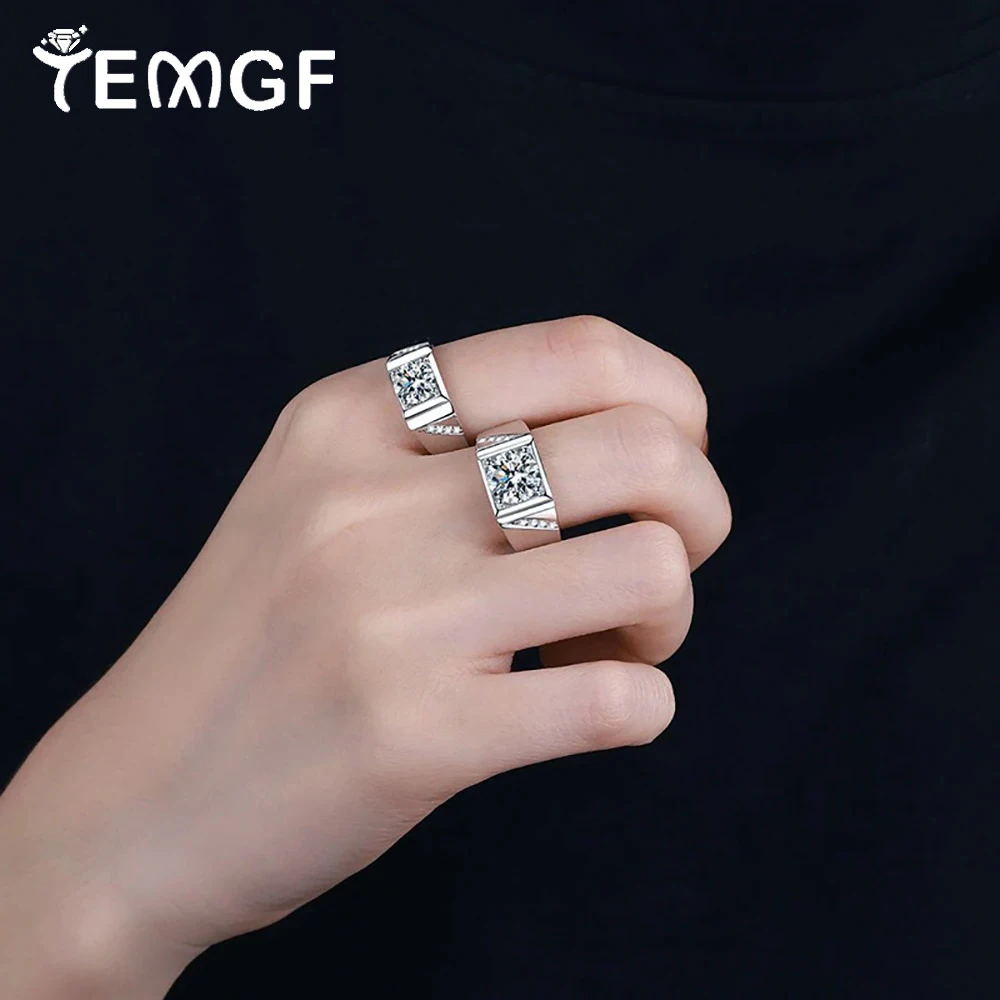 

TEMGF S925 Sterling Silver Wide Ring for Men Full Moissanite/Zircon Inlay Couple Simple Fine Jewelry Daily Party Fashion Item