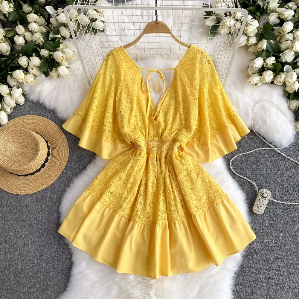 Foamlina Yellow Floral Lace Mii Dress Women Summer Sexy Deep V Neck Batwing  Sleeve Elastic Waist A Line Beach Party Short Dress - AliExpress 200000345