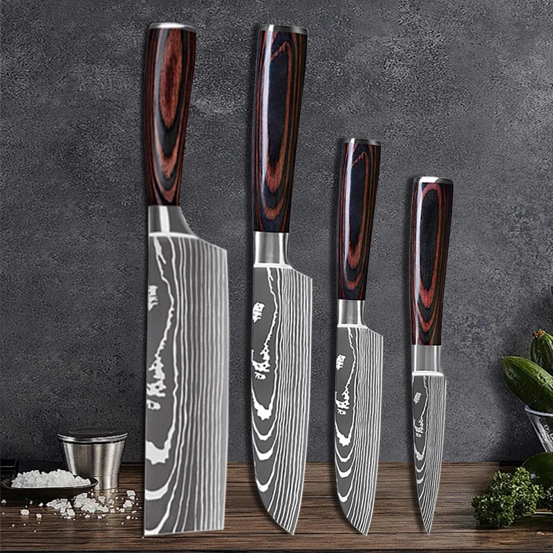 Stainless Steel Kitchen Knives Cleaver Damascus Pattern Boning Slicing Knife Meat Fish Cutting Fruit Paring Cooking Tools