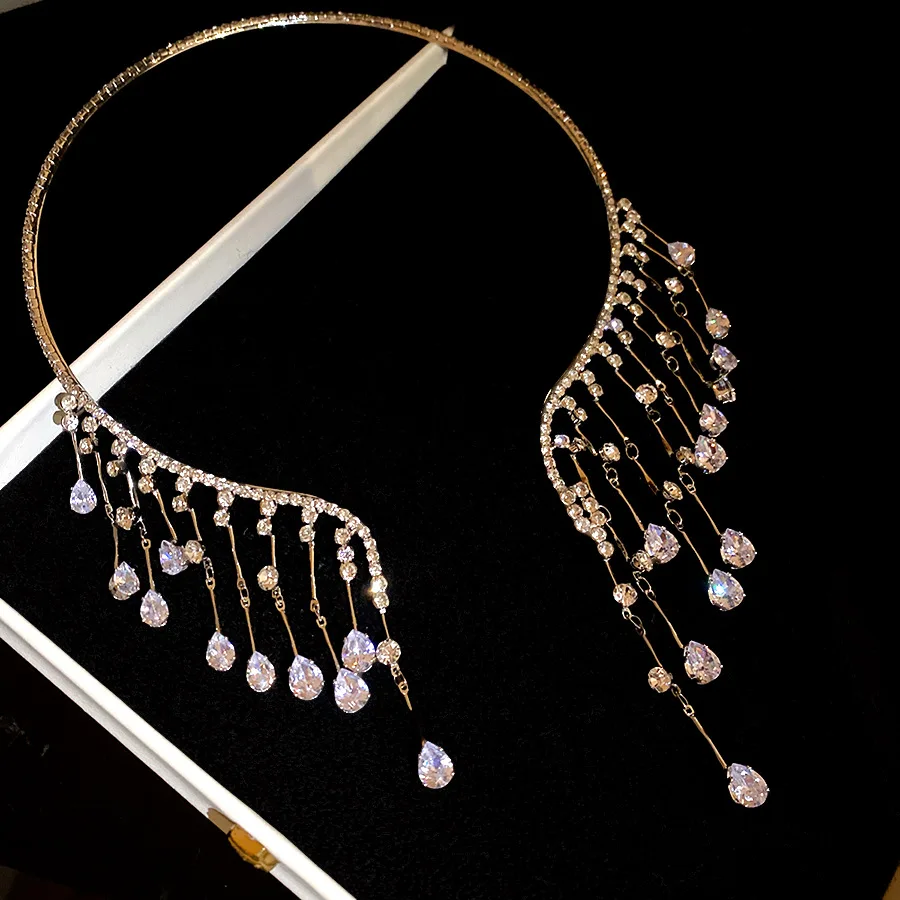 3 Styles Rhinestones Tassel Torques for Women Necklace Personality Delicate Zircon Necklace Banque Wedding Jewelry Gifts New V1