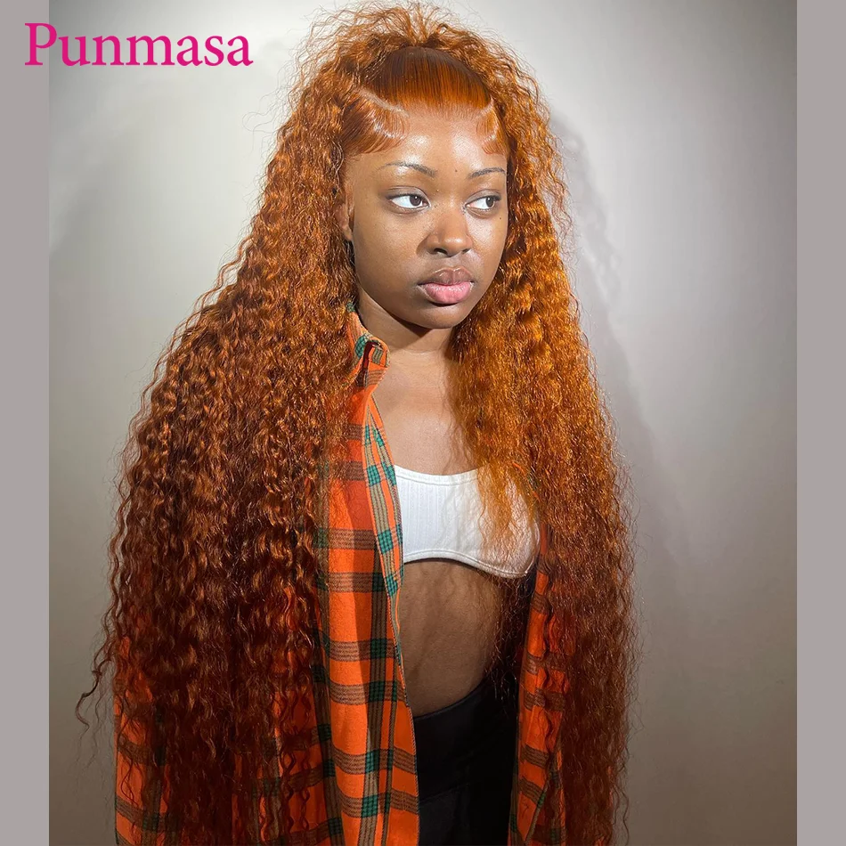 Punmasa Ginger Orange 13x4 Lace Front Human Hair Wig Remy Curly Wave Glueless 13x6 Transparent Lace Frontal Wig 200% Density