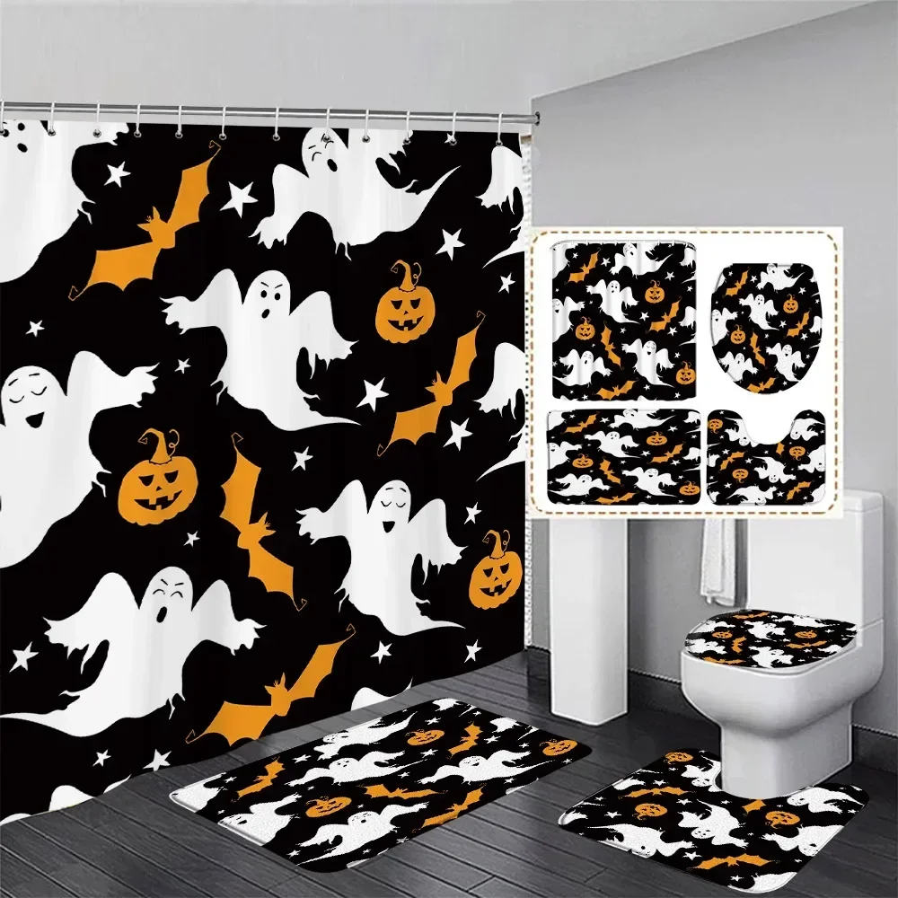 Halloween Shower Curtain Set Horror Cabin Pumpkin Ghost Night Forest Landscape Bathroom Decor Non Slip Rug Bath Mat Toilet Cover