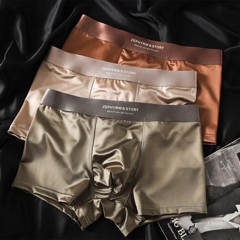 3Pcs Luxury Ice Silk Satin-like Men's Underpants Man Underwear Seamless Panties Smooth Cool Solid Breathable Boxer Shorts