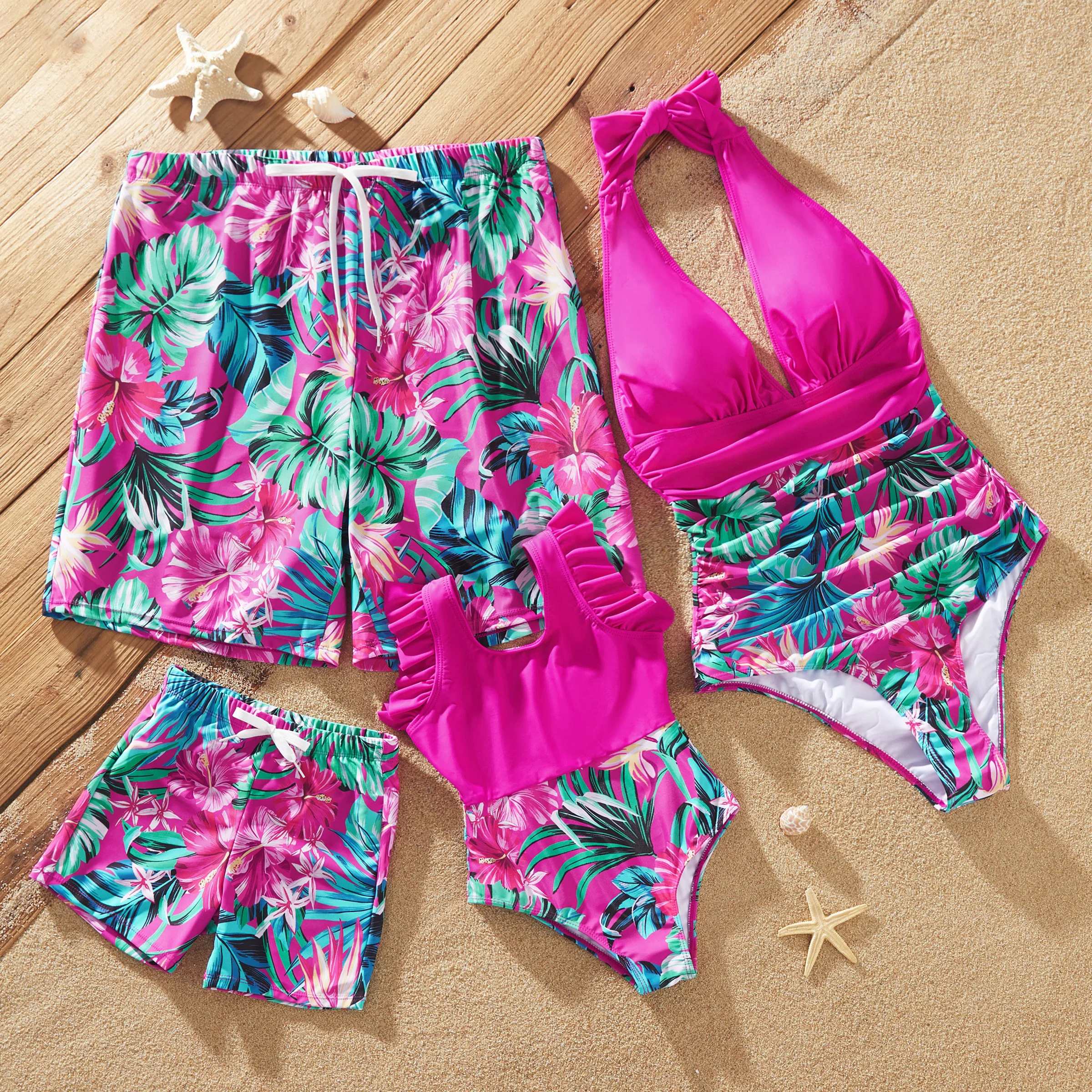 

PatPat Family Matching Swimsuits Tropical Pink Leaf Print Halter One-Piece Swimwear or Swim Trunks Set