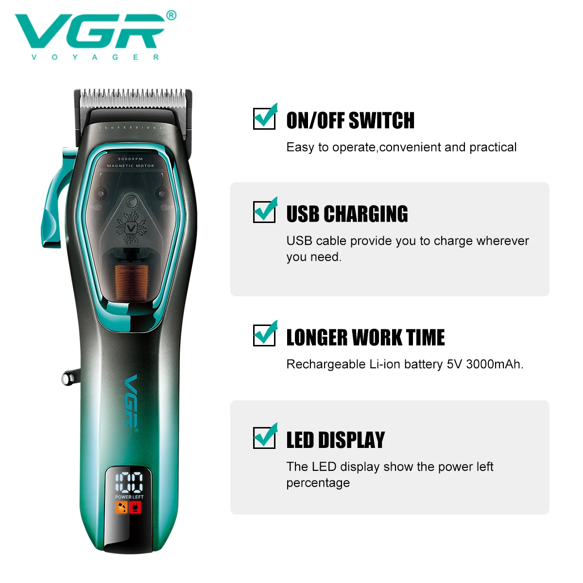 VGR مقص الشعر المهنية الشعر المتقلب 9000 دورة في الدقيقة آلة قطع الشعر قابل للتعديل الحلاق حلاقة LED المتقلب للرجال V-674