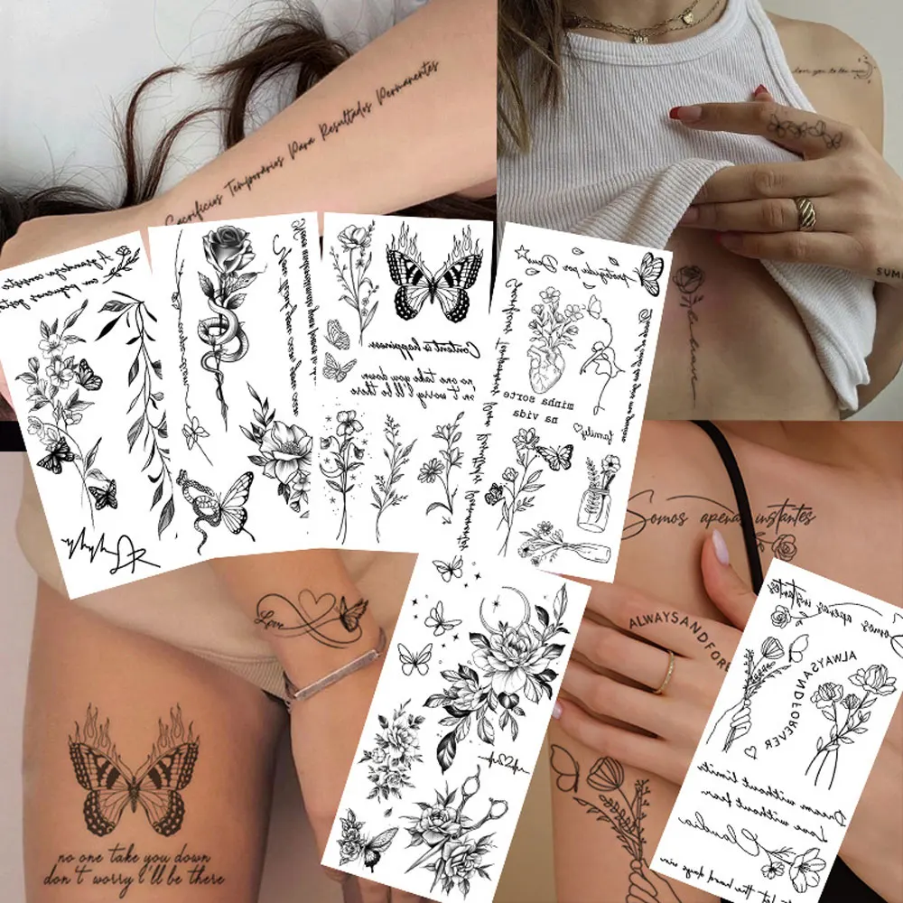 Tatuagem temporária impermeável para mulheres e homens, decoração corporal, mão falsa, flor preta, borboleta, cobra, lua, letra, dedo