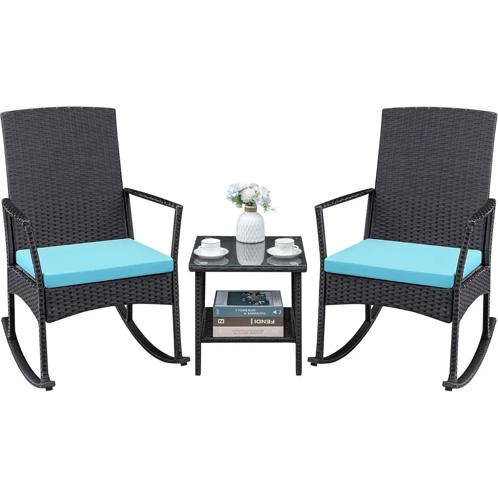 

3-Piece Outdoor Wicker Rocking Chair Set with Glass Coffee Table for Patio, Garden, Poolside - Blue