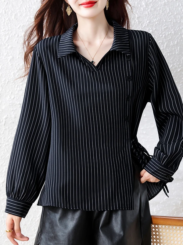 Slimming Plaid Long Sleeve Shirt Women's Button up Drawstring Versatile French Style Loose Fit Polyester Fiber Thin Model