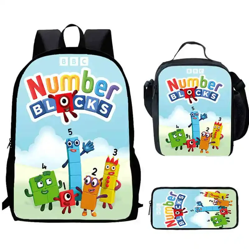 Cartoon Numberblocks Child School Backpack with Lunch Bags Pencil Bags for Kindergarten,Best Gift For Boys and Girls Book Bags