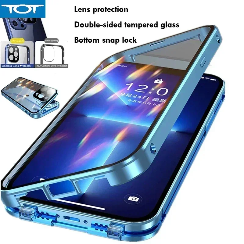 360 ° Capa de telefone com trava magnética de metal, proteção total para iphone 15 13 12 14 16 pro max plus capa de vidro dupla face