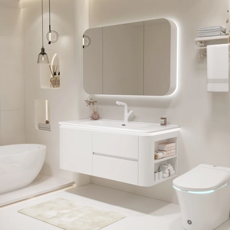 Waterproof Marble Bathroom Vanity Set with Mirror Storage Cabinet Wash Basin Sink for Hotel