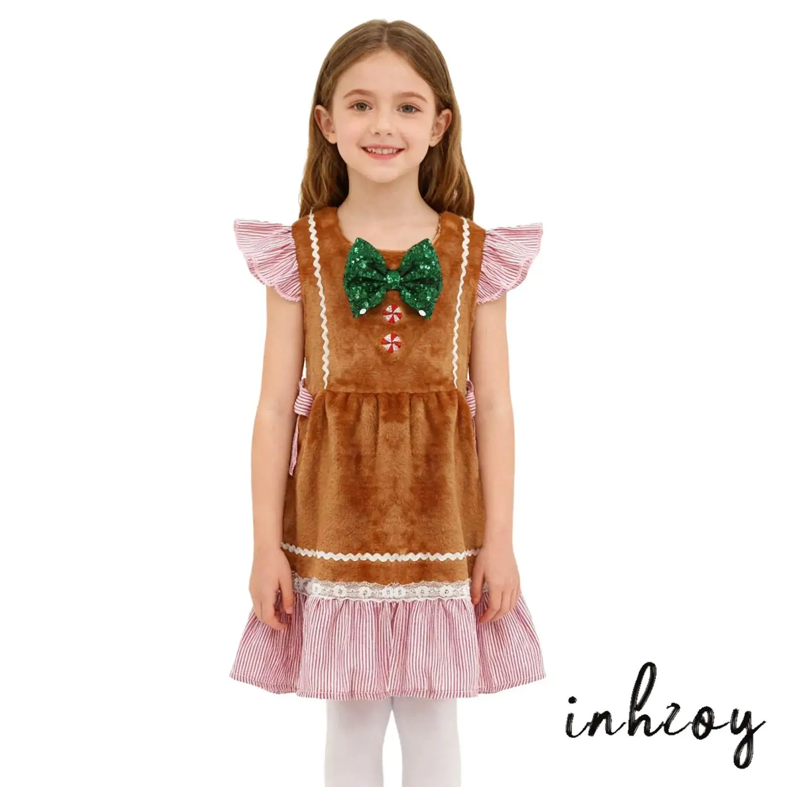 

Infant Kids Girls Xmas Gingerbread Man Dresses Patchwork Flying Sleeve Bow Tie Plush Christmas Outfit for Party Family Gathering