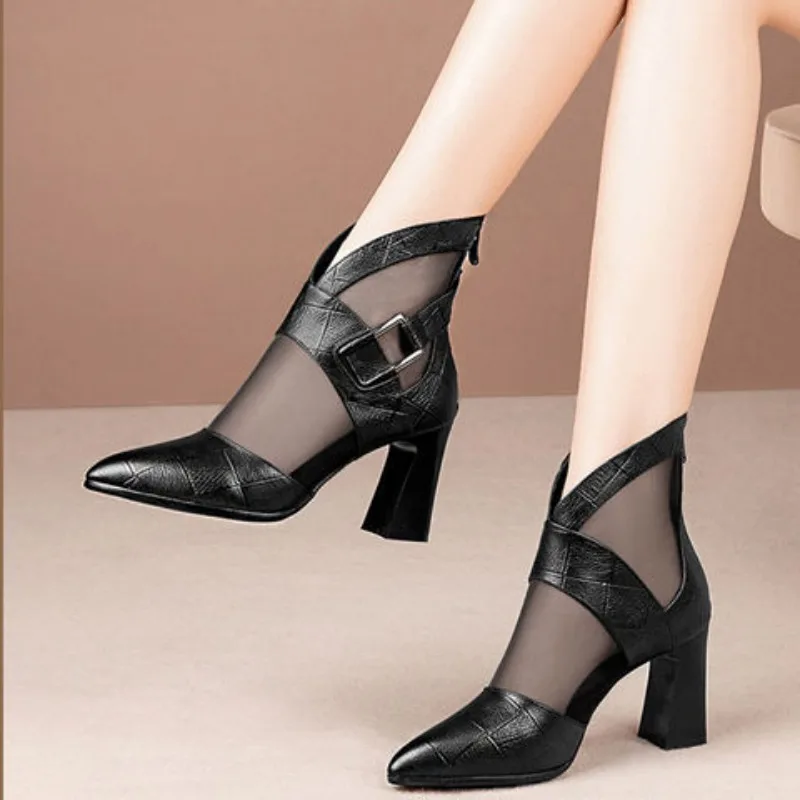 2024 New Thick Heels Woman\'s Boots Pointed Toe Retro British Style Sandals Mesh Fashion Breathable Shoes for Women Spring Summer