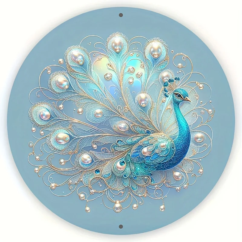 CIFBUY Elegant Turquoise Gold Peacock Wreath Iron Wall Art 8x8in Waterproof Indoor Entryway Hallway Door Decor Durable Metal Mur