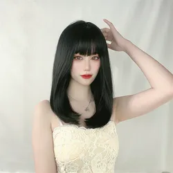 Korea Style Hair Extensions Synthetic Fashion Young Female Wigs Breathable Head Cover Medium Length Straight Wig Hat for Women