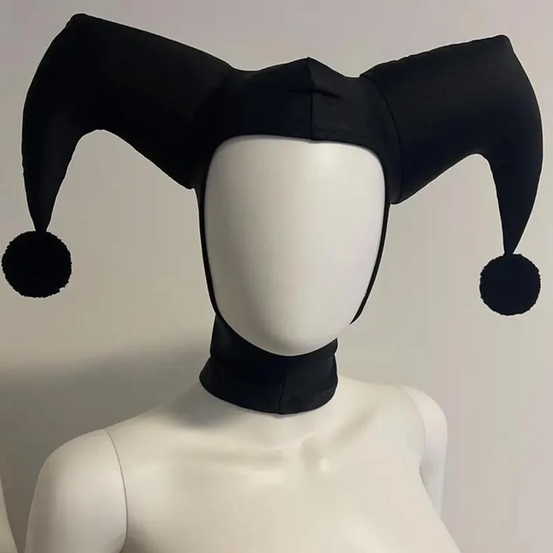 Red And Black Split Jester Hood With White Pom Poms Cosplay Hood Halloween Costume Accessory